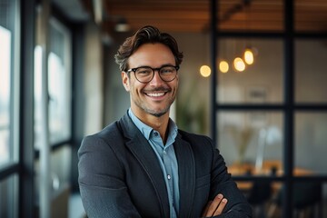 Fototapeta premium Confident Male Entrepreneur Smiling in Modern Office Environment