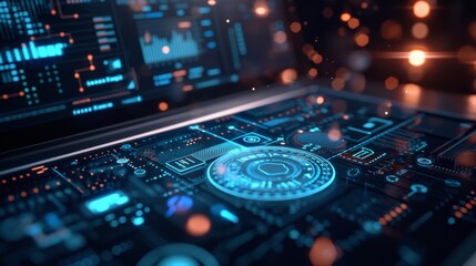 Advanced Cybersecurity and ERP System Authentication on Laptop in Modern Office Environment with Holographic Interface Elements