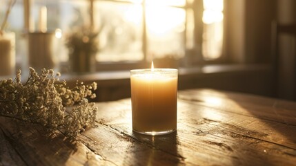  a candle sitting on top of a wooden table next to a vase filled with flowers and a vase filled with baby's breath flowers on the side of the table. - obrazy, fototapety, plakaty