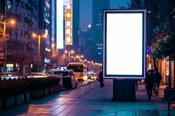 Vertical Advertising Billboard Mockup on a Busy City Street with Urban Architecture in the Background