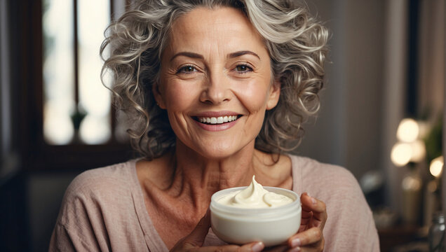 Graceful mature lady delicately cradles skincare cream jar, surrounded by various beauty products. Embracing age with poise, she exudes timeless beauty, sophistication through daily skincare routine - Powered by Adobe