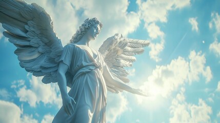 Majestic Angelic Spirit Soaring in the Ethereal Blue Sky Amidst Fluffy Clouds
