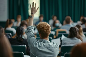 Mature Student Raising Hand in University Lecture Hall as Professor Delivers Presentation