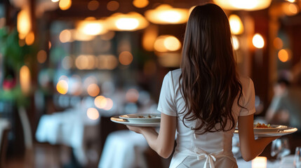 Waitress Walking Backwards with Dish In a Luxury Restaurant. Elegantly Dressed Server Navigating Through a High-End Dining Room. Showcasing Impeccable Service and Refined Atmosphere 