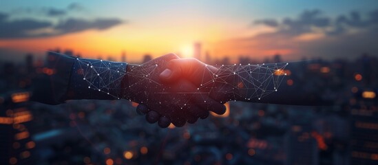 Business Handshake with Networking Connections on Urban Background Banner - obrazy, fototapety, plakaty