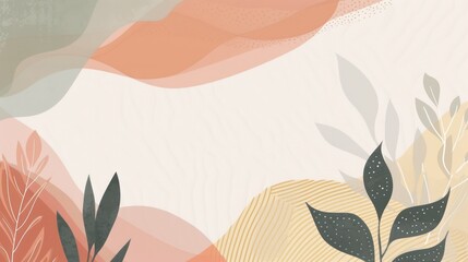 Fototapeta premium A beautiful boho illustration background adorned with floral and nature decorations in soft pastel colors. 2d vector illustration style.