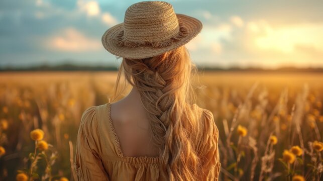  a woman standing in a field of sunflowers with her hair in a braid and a straw hat on her head, looking at the sunflowers in the distance.