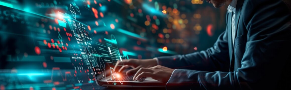 Businessman at Workstation with Cybersecurity Concept and Global Connection Interface