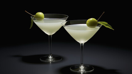 Two glass white cocktail on a dark background. Ai art.