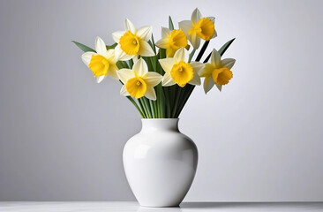 A bouquet of daffodils in a vase is on the table. White background