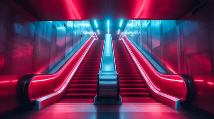 Modern escalator bathed in vibrant red, blue neon lights, creating striking contrast against sleek...
