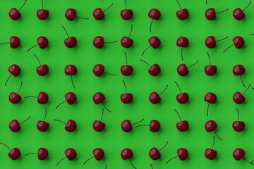 Many cherries on green background. Top flat view, horizontal. 3d render, illustration