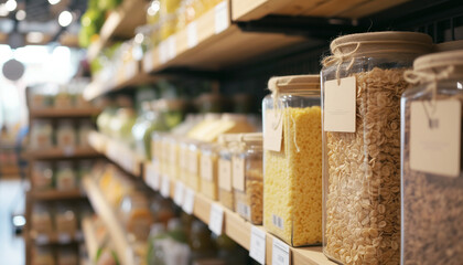 Porridges, cereals, kinds of pasta are stored in glass jars carefully placed on Eco-friendly store shelves. Successful business, real estate interior, zero waste food consumption concept image. - obrazy, fototapety, plakaty