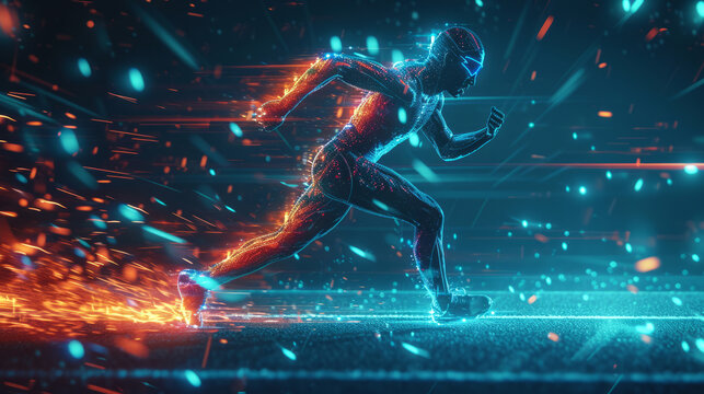 A digital dynamic holographic runner in mid-stride, illuminated with radiant, neon outlines against a dark background adorned with floating particles and streaks of light, atmosphere of intense energy