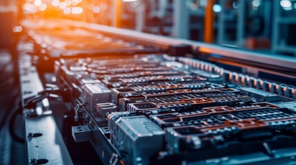 Detailed View of Electric Vehicle Battery Cells on a High-Tech Assembly Line in a Factory