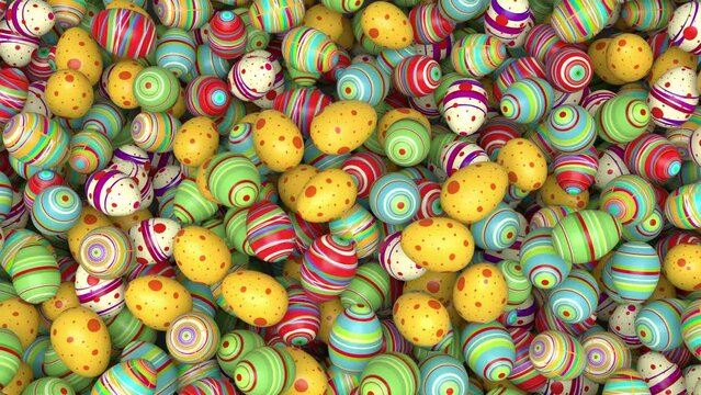 Colorful Easter eggs pour down, filling the screen with a festive pattern, then drop out of view, ideal for Easter-themed backdrops.