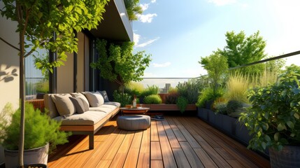 Contemporary Urban Home Balcony with Wooden Decking, Greenery, and Outdoor Furniture Set Under Clear Blue Sky