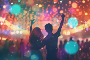 Smiling Couple Dancing and Enjoying a Vibrant Outdoor Music Festival at Night