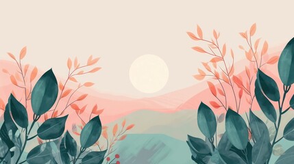 Beautiful bohemian-inspired illustration background decorated with floral and nature elements in soft pastel shades.