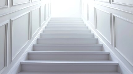  a set of white stairs leading up to a bright light at the end of the room in the middle of the room is a white wall with white paneling.
