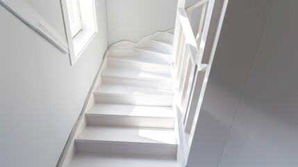  a set of stairs leading up to a window in a room with a white wall and a window on the far side of the stairs is a white painted wall.
