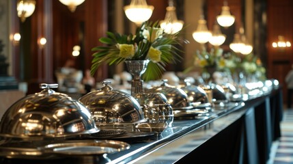 Obraz premium a row of silver trays sitting on top of a table covered in silver plates and covered in a vase with flowers on top of the tables are lined with silver trays.