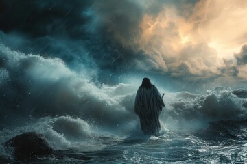 Depiction of Jesus Christ Walking on Water Amid a Stormy Sea - obrazy, fototapety, plakaty