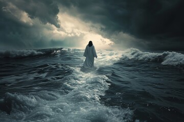 Depiction of Jesus Christ Walking on Water Amid a Stormy Sea