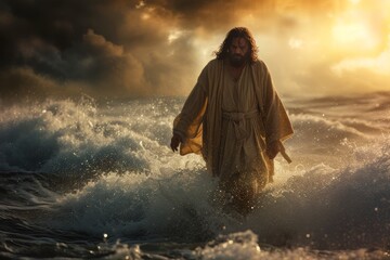 Depiction of Jesus Christ Walking on Water Amid a Stormy Sea