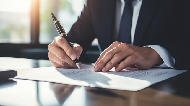 Close-up Of The Hands Of A Lawyer Or Businessman Signing Documents. Generative AI