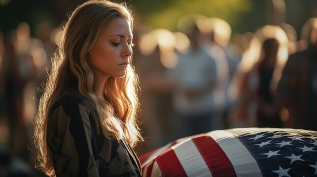 Funeral, Sad, Female Wife Or Family Member Of Military Deceased In War, With The US Flag In The Cemetery. Concept Of Loss, Pain, Or Memory. Generative AI