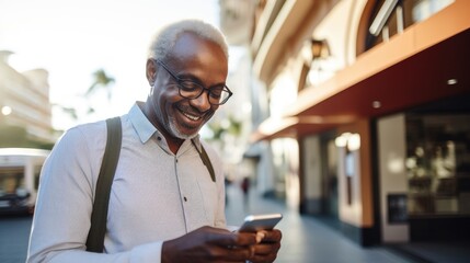 Outdoors, African Person, Retiree or Senior Man with Cell Phone, Connecting or Using Mobile with Internet. Life in the City. Generative AI.