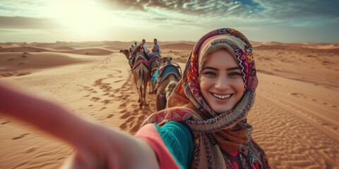 Joyful Man Taking Selfie While Riding Camel with Tour Group in Desert Landscape