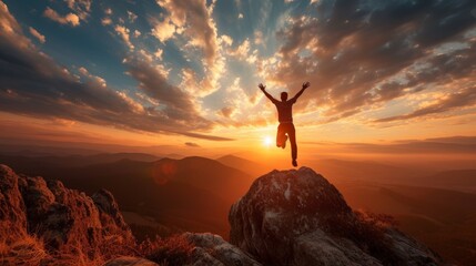 Exuberant Male Hiker Celebrating with Arms Raised in Midair at Mountain Summit Against a Sunset Sky
