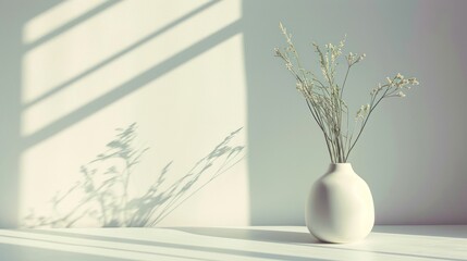  a white vase sitting on top of a table next to a shadow of a wall and a plant in the middle of the vase with long stems in front of the vase.
