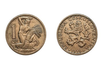 1 Koruna 1929. Coin of 	Czechoslovakia. Obverse Czech lion with Slovak shield.  Reverse Woman with...