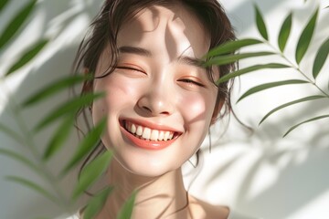 Joyful Asian Woman Smiling with a Lush Green Plant Background