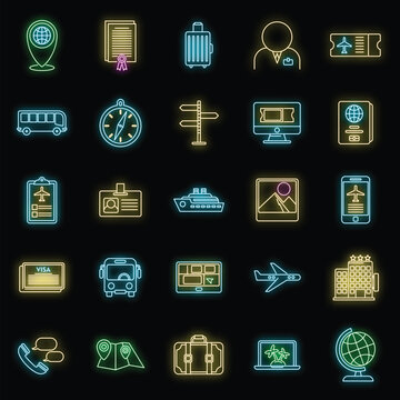 Tourism manager travel icons set. Outline set of Tourism manager travel vector icons neon color on black