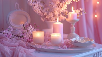 Obraz na płótnie Canvas a table topped with a white plate covered in candles next to a vase filled with flowers and a bowl filled with pink flowers next to a vase with pink flowers.