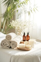 Fototapeta na wymiar Serene Home Spa Setting With Rolled Towels, Candles, and Essential Oils in Bright Daylight