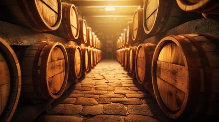 Symmetrical View of Aging Barrels in a Dark Whiskey and Wine Cellar - obrazy, fototapety, plakaty