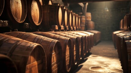Symmetrical View of Aging Barrels in a Dark Whiskey and Wine Cellar - obrazy, fototapety, plakaty