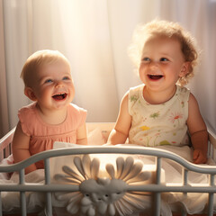 two happy smiling little sisters at home close up image