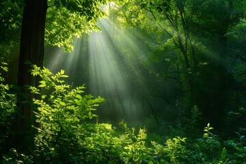 Fresh Greenery in Forest with Sunlight Filtering through Leaves