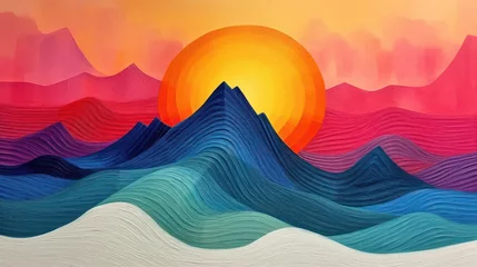 Foto op Plexiglas Abstract oil painting capturing the vivid hues of a sunrise over the Chinese mountains, radiating passion, aspiration for success, and the essence of striving. © Matthew
