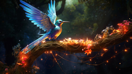 A radiant bluebird spreads its wings on a fairy lit branch amid a mystical forest, magical birds concept
