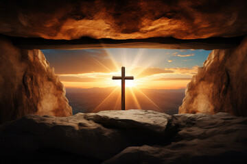 Jesus tomb stone rolled away light inside, cross against backlight - obrazy, fototapety, plakaty