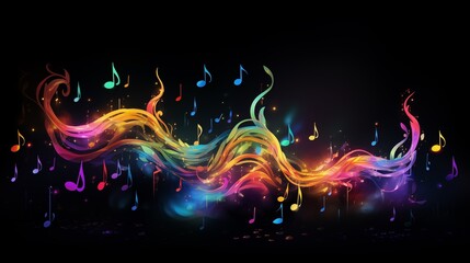 AI generated illustration of colorful music notes floating in a dark background - obrazy, fototapety, plakaty