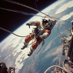 Astronaut in cosmos on his spacewalk 
