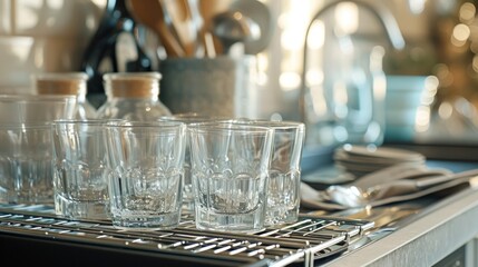  a row of glasses sitting on top of a metal rack on top of a counter next to utensils and a bottle of wine on top of a counter.